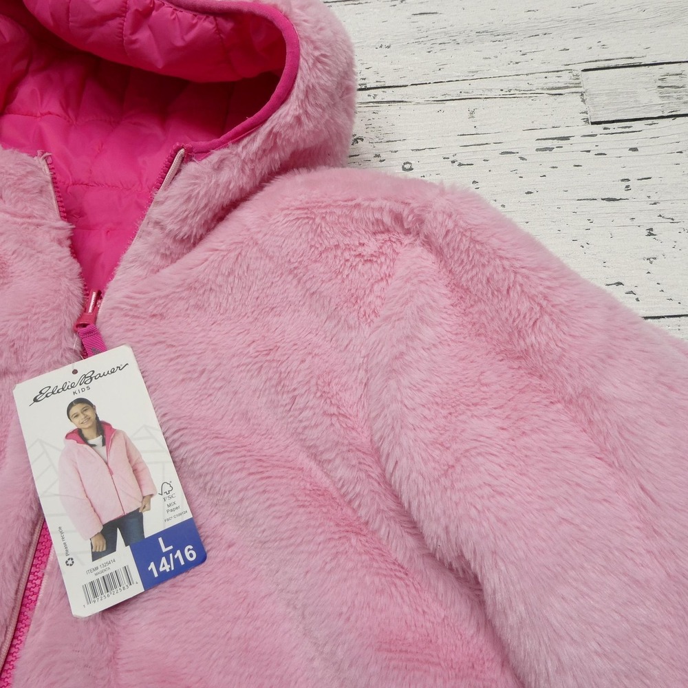 Eddie Bauer Kids Reversible Jacket Girls Large 14/16 Pink Hooded Puffer Fleece - Picture 5 of 9